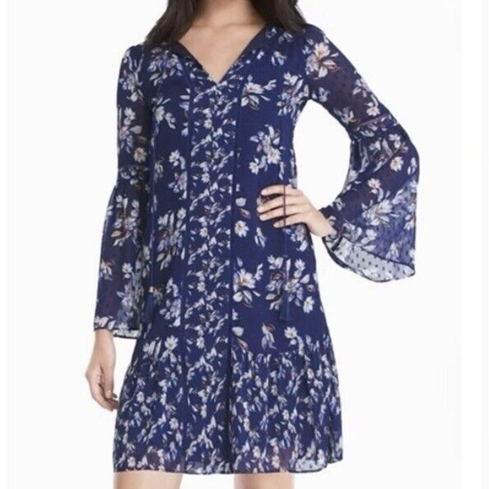 WHBM Blue Floral Chiffon Dress S Romantic Bell Sleeve Feminine Fall Wedding